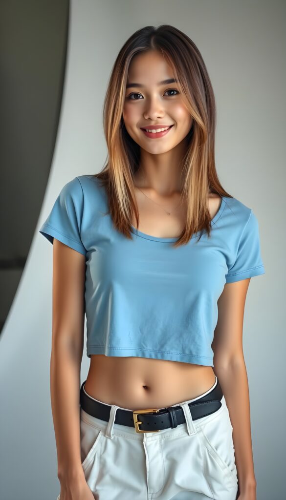 Upper body shot from a cute young tall slender girl with straight, brown hair and blond highlights. She wears a blue light thin cropped t-shirt and white long cargo pants. She has a perfect curved female body, pose casually in a photo studio, white and grey backdrop. She smile to the viewer. Seductive. Front view.