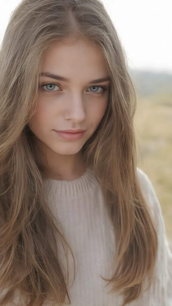 visualize a (((vividly beautiful scene))) where a (((cute tanned teen girl with super long straight jet brown hair))), wears a soft fine sweater made of wool, against a backdrop of a serene, (ethereal landscape)