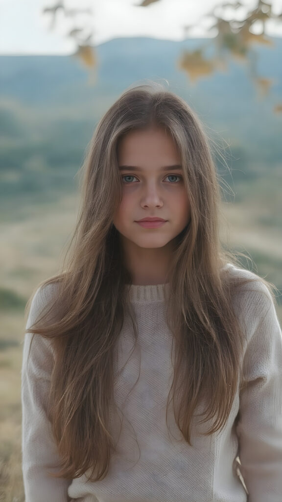 visualize a (((vividly beautiful scene))) where a (((cute tanned teen girl with super long straight jet brown hair))), wears a soft fine sweater made of wool, against a backdrop of a serene, (ethereal landscape)