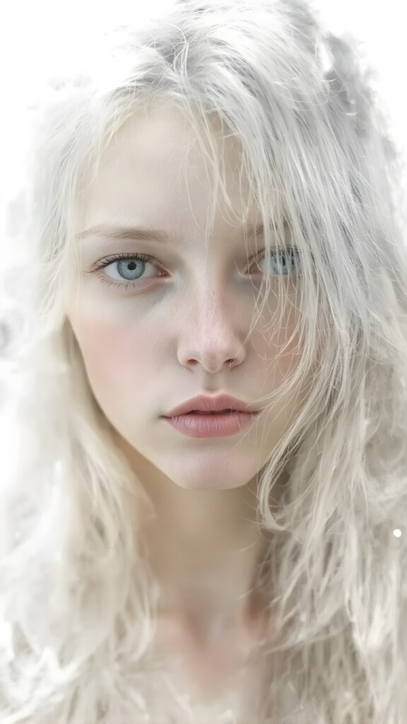 Visualize an otherworldly double exposure photograph, where a (full-body teen girl) with ((pale, almost translucent skin)) is bathed in a (softly blurred, alcohol-drenched glow). Her long, flowing white hair merges with the alcohol ink's fluid patterns, creating a mesmerizing interplay of light and shadow. The beauty, with hyper-realistic luminous eyes, stands out against the (ethereal, alcohol-drenched backdrop), embodying a sense of wonder and fantasy