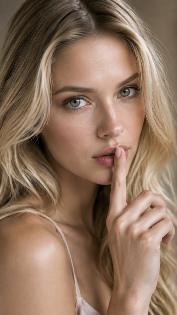 Create a photorealistic vertical 9:16 editorial beauty portrait of an adult young woman (clearly 21+) with long blonde hair and vivid green eyes, looking directly into the camera. She has smooth, fair porcelain skin, naturally full lips with her mouth slightly parted, and a calm, serene expression. She holds one index finger gently to her lips in a universal “quiet / shh” gesture. Peaceful, intimate atmosphere; soft diffused studio lighting with flattering catchlights; realistic skin texture; subtle natural makeup; shallow depth of field; elegant neutral background; high-end fashion photography; sharp focus on the eyes; no text; no watermark.