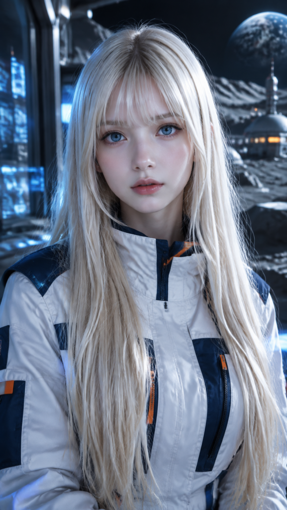 Ultra-realistic close-up cinematic portrait, platinum-blonde short bob haircut with blunt bangs, luminous large blue eyes, pale youthful synthetic-human complexion, gentle neutral expression. Wearing a white futuristic technical jacket with navy blue details and subtle orange accents. Dark sci-fi lunar base background, faint holographic blue light reflections, soft cool key light, extremely detailed facial features, realistic hair strands, shallow depth of field, professional cinematic photography, no text, no watermark.