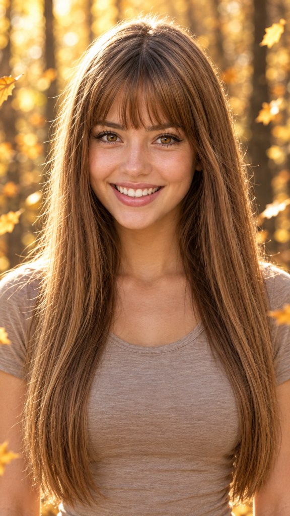a realistic fantastic photo 9:16 from high detailed and realistic ((upper body portrait)) from a breathtakingly beautiful natural (((attractive girl))) her cheerful nature makes you happy, with warm amber eyes and luxuriously thick (((light brown detailed long smooth straight hair, bangs))), full detailed natural lips, ((wears a light brown form-fitting plain thin t-shirt that support her perfect body, stands in an autumnal forest))