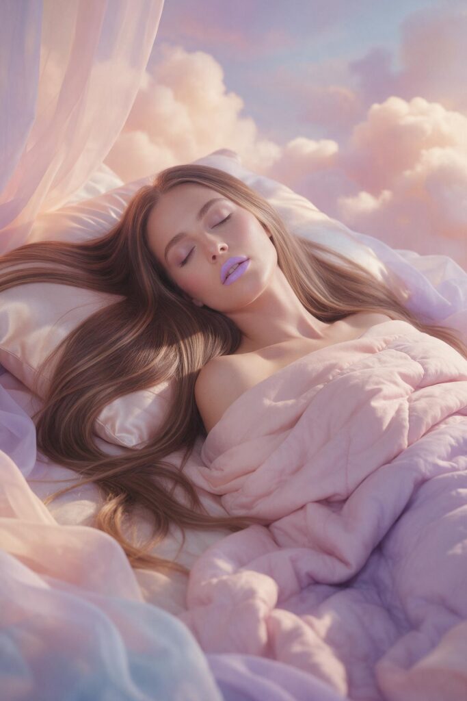 Serene, ethereal dreamscape: a young adult woman sleeping peacefully on her back in a softly lit bedroom, long straight hazelnut-brown hair with subtle blonde highlights flowing to her waist, softly blended roots and a luminous celestial halo-like glow. Her lips are painted in gentle pastel tones and slightly parted; closed eyes with delicate eyelashes. A pastel-colored quilt covers her modestly up to the chest. Diffuse pastel lighting in blush pink, lavender, pale peach, and powder blue; delicate fluffy clouds drift in the background, creating a dreamy tranquil atmosphere. Photorealistic editorial beauty photography, soft-focus foreground, gentle breeze subtly moving hair, fine skin texture, tasteful, nonsexualized, calm composition, high detail.