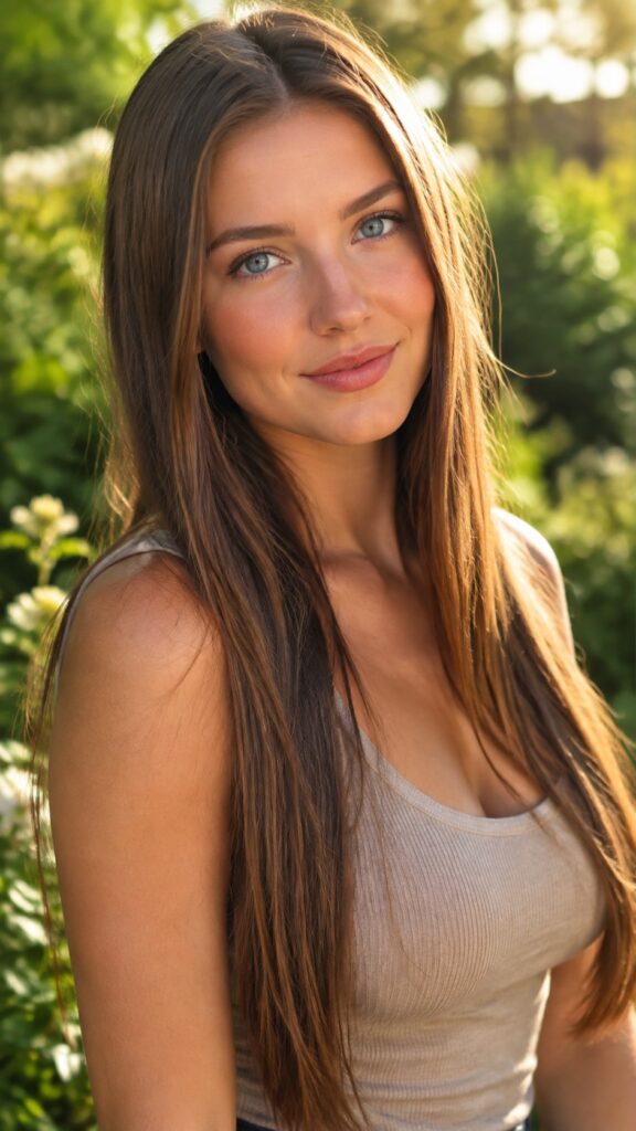 A photorealistic vertical 9:16 fashion-editorial portrait of a young adult woman outdoors, captured from a flattering three-quarter angle. She has long, perfectly straight, glossy chestnut-brown hair flowing elegantly over the front of her shoulders and upper torso. Her softly rounded, detailed face is turned gently toward the camera, with clear blue eyes and a relaxed, warm, confident expression. She wears a tasteful fitted neutral-toned tank top, casually styled and non-sexualized. Golden sunlight softly illuminates her smooth, healthy-looking skin, creating a natural sun-kissed glow. Sunny green garden backdrop with creamy bokeh foliage, warm late-afternoon light, realistic skin texture, refined natural makeup, cinematic lighting, shallow depth of field, sharp focus on the eyes, professional full-frame camera photography, high detail, natural anatomy.