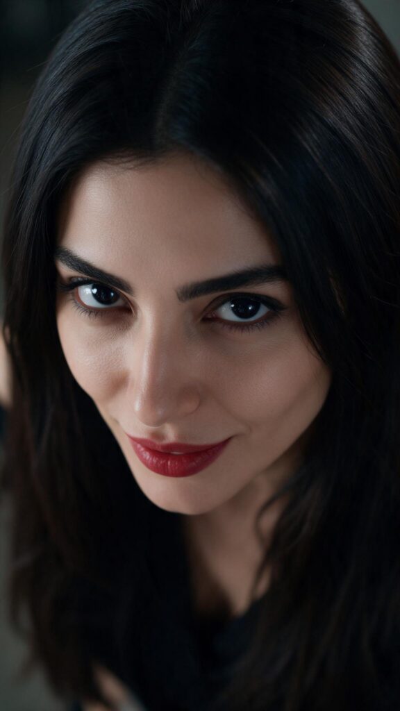 A beautiful Persian woman with dark, straight hair and jet-black eyes. Red lips. Focus on her face. Photo in 9:16