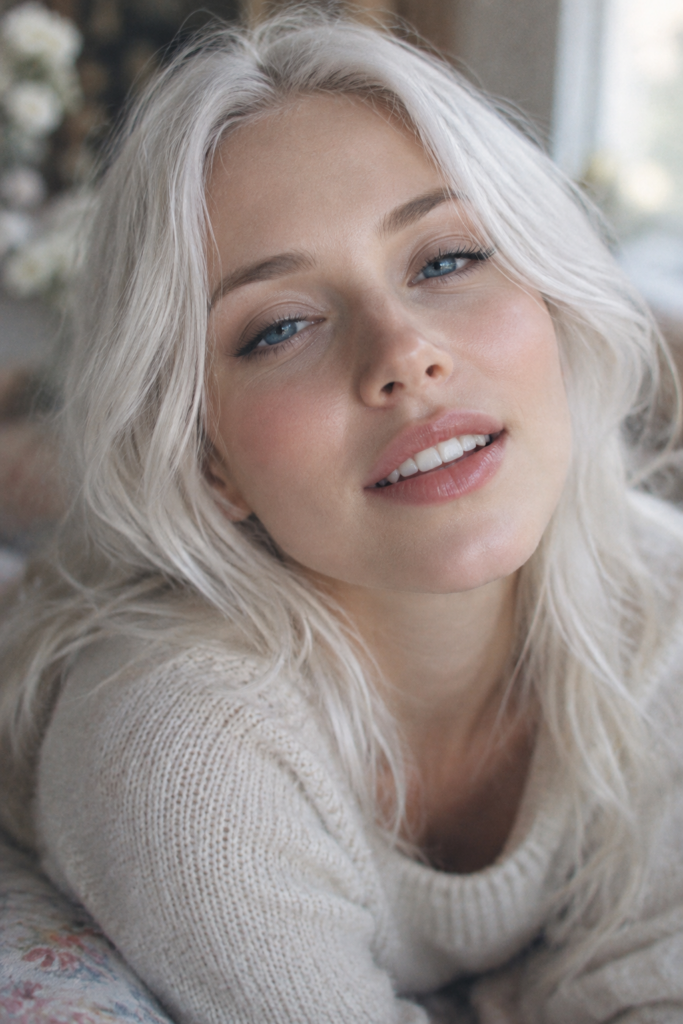 A nostalgic, soft-focus photographic portrait of a young girl with silky, fine white hair gently framing her round, angelic face. She looks calmly toward the camera with luminous deep-blue eyes and a quiet, dreamy expression. Delicate natural features, a soft closed-mouth smile, healthy radiant skin, and gentle window light create a peaceful, innocent atmosphere. Muted pastel colors, subtle film grain, shallow depth of field, vintage analog-photo aesthetic, tasteful and age-appropriate portraiture.