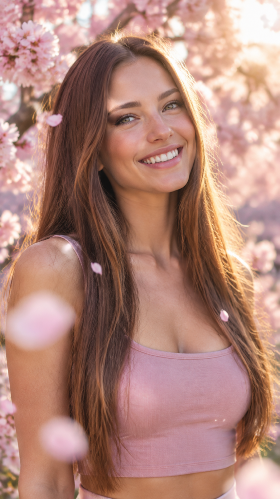 create me a photorealistic portrait from a close up portrait of an exuberant adult girl with a beaming, sunny smile that radiates warmth, dressed in a stylish, fitted pastel pink crop top that elegantly highlights her graceful curves. The scene is captured in a dreamy, ethereal style reminiscent of Impressionist paintings, with soft bokeh effects in the background. Her long, flowing straight hazelnut hair glistens in the sunlight, creating a halo effect around her face. Surrounding her are delicate cherry blossom petals gently falling in the breeze, adding a touch of whimsy and charm to the flawless portrait.