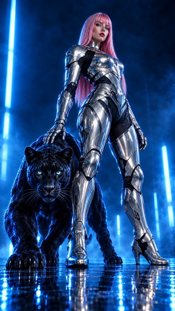 Ultra-realistic photograph, 9:16 vertical portrait orientation, full body shot of a young woman in her mid-twenties wearing sleek futuristic armor forged from polished platinum, articulated plates with brushed and mirror-finish surfaces catching cool reflections. Long straight pink hair falling evenly to the same length, blunt-cut bangs framing her face. Crystal-clear bright blue eyes, flawless smooth skin with natural pore detail, full plump red lips. Slight three-quarter side view, confident relaxed posture. Dark blue background lit by soft neon glow, subtle atmospheric haze, rim light separating the armor from the backdrop. Shot on 85mm lens, f/2.0, cinematic editorial lighting, high dynamic range, sharp focus, photorealistic skin texture, 8k detail.