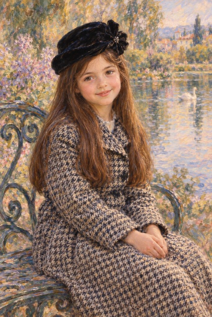 9:16: a wonderfully (((detailed painted scene))) by Pierre-Auguste Renoir, portraying a youthful girl of 8 in the 1930s, dressed in a long, luxurious (((coat with a classic pied de poule pattern))), paired with a diminutive, yet opulent (((velvet black hat))), exuding a playful whimsy that is accented by vivid pastel tones that bring each intricate detail into sharp relief, achieving a stunning (8K resolution) that is both crisp and clear, capturing a level of realism that is truly endearing, long straight full brown hair.