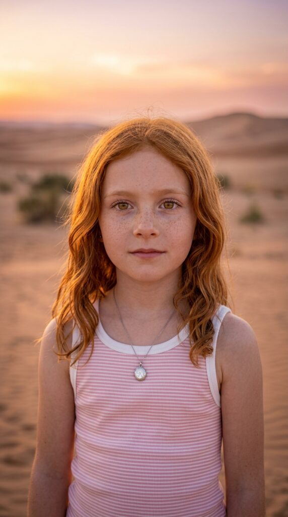 a detailed and realistic portrait from a young girl with soft long red hair, detailed amber eyes, ((wears a white super fine light pink cropped tank top)) that support her body, she has a perfect curved body, ((against a backdrop with sandy desert and sunset))