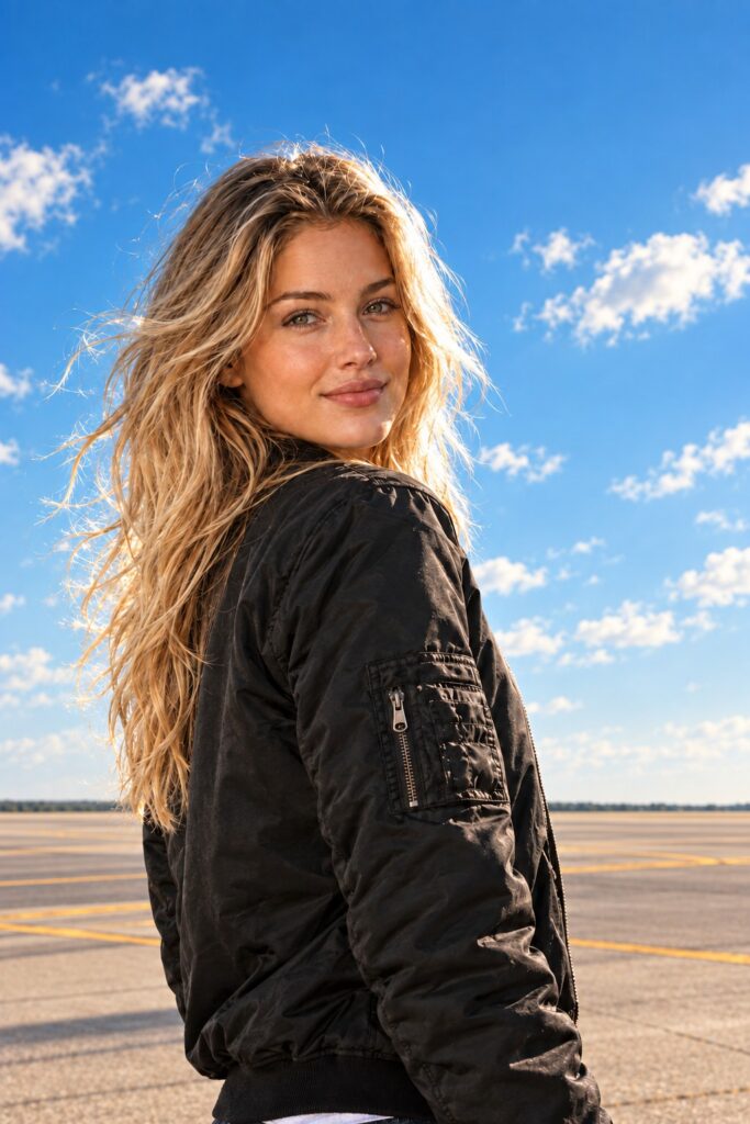 Photorealistic editorial portrait, 9:16. A young woman with long wavy blonde hair blowing gently in the wind, wearing a black bomber flight jacket over a plain white t-shirt. Low-angle three-quarter shot from slightly below and to the side; she is turned partly away and looks back over her shoulder into the camera with a soft, confident smile. She stands on a completely empty, wide-open airport tarmac with only painted yellow taxiway markings stretching to a flat distant horizon – no airplanes, no vehicles. Brilliant deep blue sky with a few soft white clouds. Perfect lighting: warm golden sunlight, soft rim light glowing in her hair, flattering skin tones, natural catchlights in the eyes. Shot on a full-frame camera, 35mm lens, f/2.8, cinematic color grading, high detail, realistic skin texture.