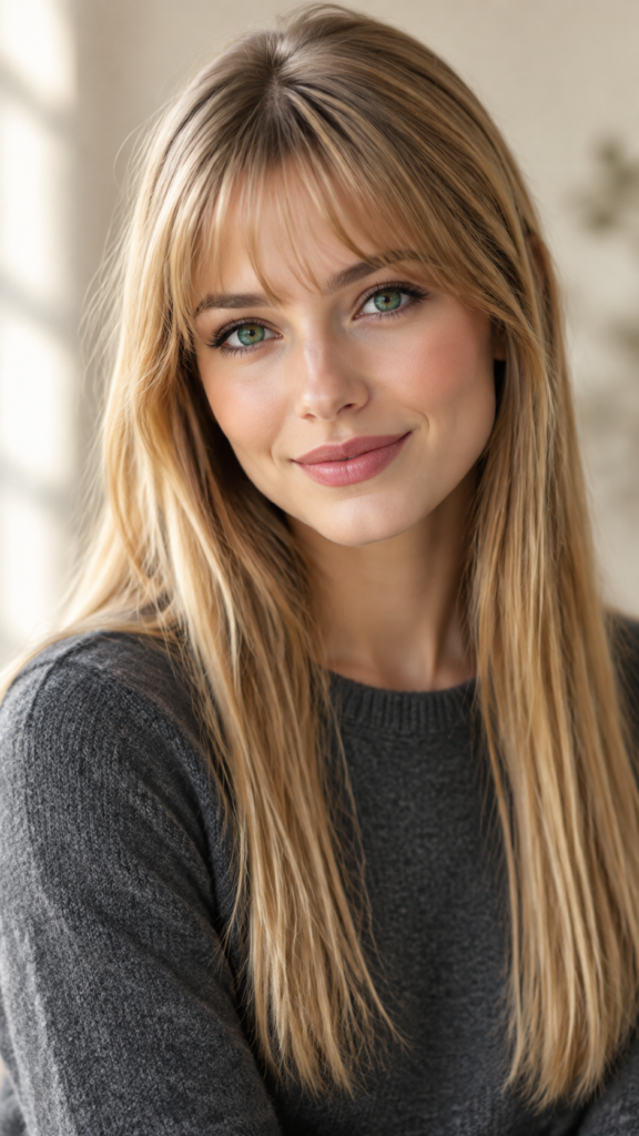 Mache mir ein 9:16 Portrait von einer jungen Frau mit langem, geradem und blondem Haar. Bangs. Sie hat makellose schöne und sanfte Haut, grüne Augen. Sie lächelt. Der Fokus ist auf ihrem Oberkörper. Sie trägt einen feinen grauen Wollpullover.