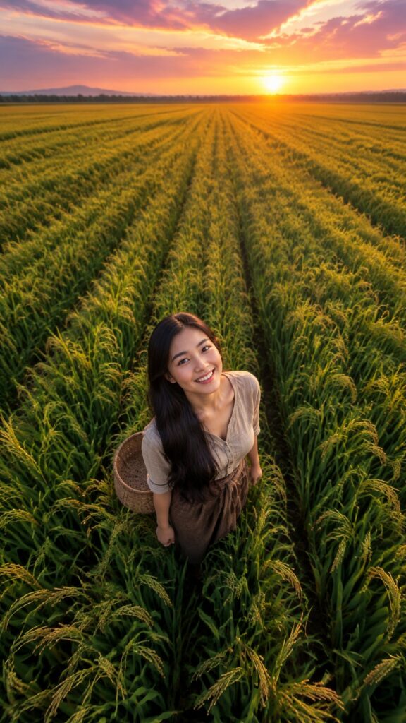 Photorealistic cinematic low-angle, front-facing portrait in a vertical 9:16 composition. A beautiful, happy young adult Asian woman stands in the middle of a vast rice field, photographed from below at the front. She faces the camera directly with a warm, genuine, joyful smile. Her long, glossy black hair falls naturally over her torso and moves gently in a soft breeze. She wears authentic, tasteful rural farming clothing in soft, natural earth tones—modest, detailed, and realistic. Tall rice plants fill the foreground and create depth, while the rice field stretches endlessly behind her toward the horizon. A breathtaking golden-hour sunset lights the scene with warm amber, blush-pink, and violet tones. Soft rim light outlines her hair, with cinematic depth of field, highly detailed natural skin texture, realistic fabric, atmospheric perspective, premium editorial photography, uplifting and sensual yet wholesome mood. No text, no watermark.