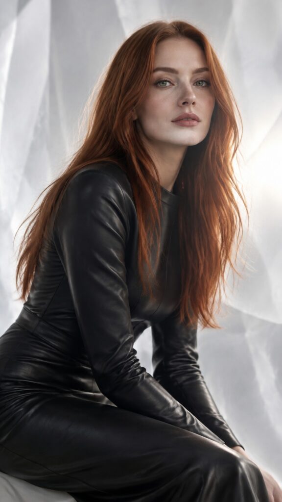 Photorealistic full-body editorial fashion portrait in a vertical 9:16 composition of an adult young woman (mid-20s) with long, soft, straight red hair flowing naturally and framing her face. She wears a sleek, dark, thin-leather fashion bodysuit with elegant tailoring, fully opaque coverage, refined high-fashion styling, and a flattering silhouette. She poses with calm confidence against a translucent, ethereal white backdrop made of softly glowing sheer layers. Soft diffused studio lighting, subtle rim light, natural skin texture, cinematic depth of field, luxurious magazine photography, realistic proportions, restrained color palette, no text, no watermark.