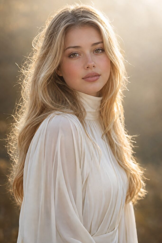 Photorealistic editorial portrait of a young woman in her early twenties, distinct new face: high defined cheekbones, narrow straight nose, striking clear ice-blue eyes, slender jawline, clear smooth skin with no freckles, subtle natural pores, long flowing light blonde hair with fine backlit strands. New pose: three-quarter turn away from camera, head tilted back and chin slightly raised, eyes looking upward past the camera, one hand gently touching her collarbone, hair falling over one shoulder. Wearing a high-necked flowing white silk gown with soft draped folds and long sleeves, standing in soft golden morning haze, warm rim light from behind creating a subtle halo around the hair, gentle diffused fill light on the face, shallow depth of field, shot on 85mm f/1.4, cinematic lighting, muted warm color palette, ultra detailed, natural skin tones, high dynamic range