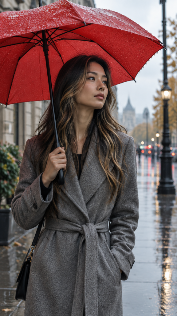 A young Asian girl with beautiful, long dark hair and blond highlights is standing in the rain holding a red umbrella and wears a grey fine coat. The picture has a peaceful feel to it. Portrait: 9:16