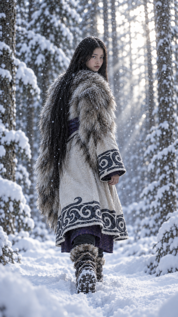 Asirpa wears a white Ainu robe made from bark called attus, complete with traditional swirling motif at the edges of the cloth over a purple band. Underneath she wears a purple kimono, which is tucked at the back. Asirpa wears dark leggings and deerskin boots called yukker. In cold weather Asirpa puts on a wolf fur mantle to cover herself in the wild. Long, straight black shiny hair falls down like a watherfall.