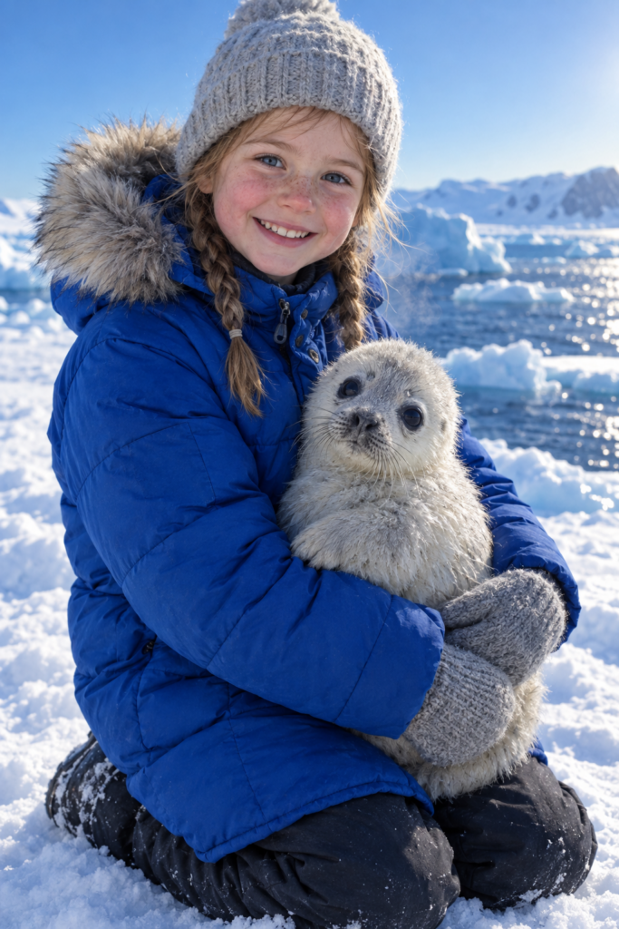 Photorealistic vertical portrait (9:16) of a cheerful little girl, about six years old, with light brown hair escaping from under a knitted hat, wearing a thick padded winter coat with a fur-trimmed hood. She kneels slightly forward on packed snow, gently cradling a young seal pup in her arms, both faces turned toward the camera; she smiles openly, cheeks flushed from the cold. Shallow depth of field on her face and the pup's wet fur, softly blurring the Antarctic coastline behind her: pale blue ice floes and dark, glittering sea water. Clear deep-blue sky, low polar sun from the left giving crisp directional light, long soft shadows and cool highlights on the ice. Natural skin texture with visible fine hair and breath vapor, damp sheen on the seal's coat, fabric texture on the coat visible. Palette limited to white, ice blue, and the warm accent of her coat. Shot like a 50mm documentary portrait at eye level, subject centered in the upper two-thirds of the frame, plenty of ice and sky around her.