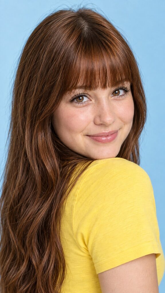 Portrait in 9:16: Close up portrait from a sweet little woman wearing a yellow plain uni t-shirt, long, straight soft wavy hair frame her round face in a perfect bangs cut—her red hair with brown highlights looks wonderful. Plain light blue studio background.