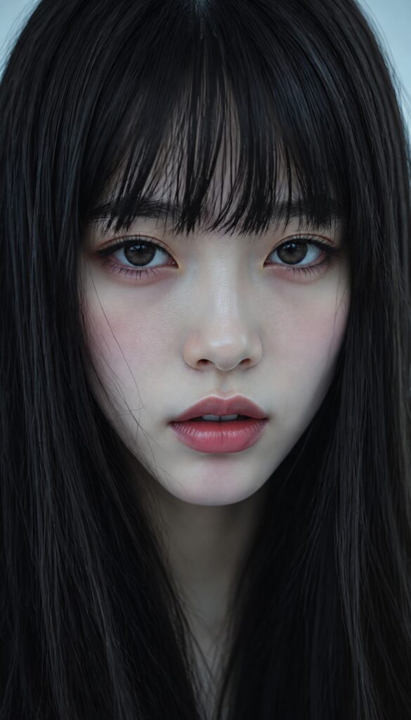 Create a photorealistic close-up portrait of an adult woman with long, straight black hair and bangs, shown in a three-quarter view facing the left side of the frame. Her head is turned approximately 45 degrees, with her nose pointing left and her eyes looking off-camera in the same direction. Both eyes remain visible, with the farther eye slightly foreshortened. Give her a soft, sensual expression, subtly lowered eyelids, and slightly parted lips. Render her skin naturally, with fine pores, delicate texture, subtle variations in skin tone, and realistic highlights. Avoid waxy smoothing, excessive retouching, and oversharpening. Her long black hair frames her face. Use soft, cool lighting and a pale blue background to create an intimate, understated atmosphere. Maintain a tight portrait crop in a vertical composition, without borders.