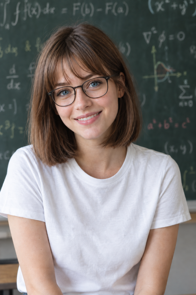 Hyper-realistic editorial portrait photograph of a young adult woman, about 22, a university student, with vibrant straight chestnut hair in a chin-length bob falling over her shoulders and delicate bangs framing her face. Deep blue eyes, bright and curious, catching a soft highlight. Clear luminous skin with visible natural texture and fine pores, no plastic retouching. Warm genuine smile. She wears a simple crisp white cotton t-shirt that contrasts with her hair. Waist-up framing, subject centered slightly left, shallow depth of field. Behind her a large dark green chalkboard covered in neatly handwritten mathematics in colored chalk, softly out of focus so it reads as texture and atmosphere. Soft diffused window light from the front left, gentle falloff, low contrast, no harsh shadows. 85mm lens look, natural color, muted academic palette of chalk white, chestnut, deep green. Calm, intelligent, approachable mood.