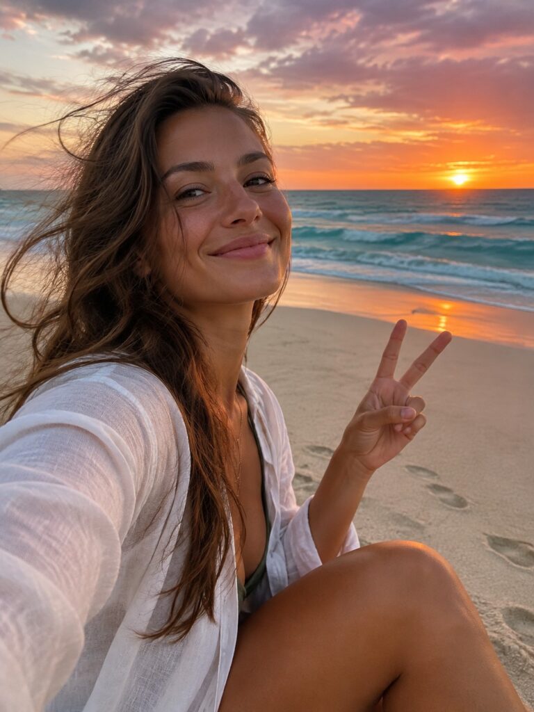 A realistic photo in 3:4 shows a young woman with long hair on a secluded sandy beach. In the background, you can see the ocean and a beautiful sunset. The young woman is taking a selfie, making the victory sign with her fingers. She is smiling.