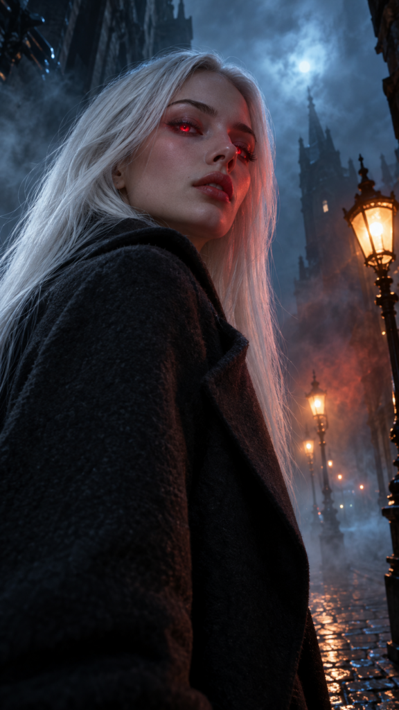 photo in 9:16 from a girl stands in a nightly fogy street. A very detailed and emotional image. The girl has long, straight white hair. She is wearing a long, dark coat. View from the front. Her face is flawless. Her eyes glow red like a vampire.