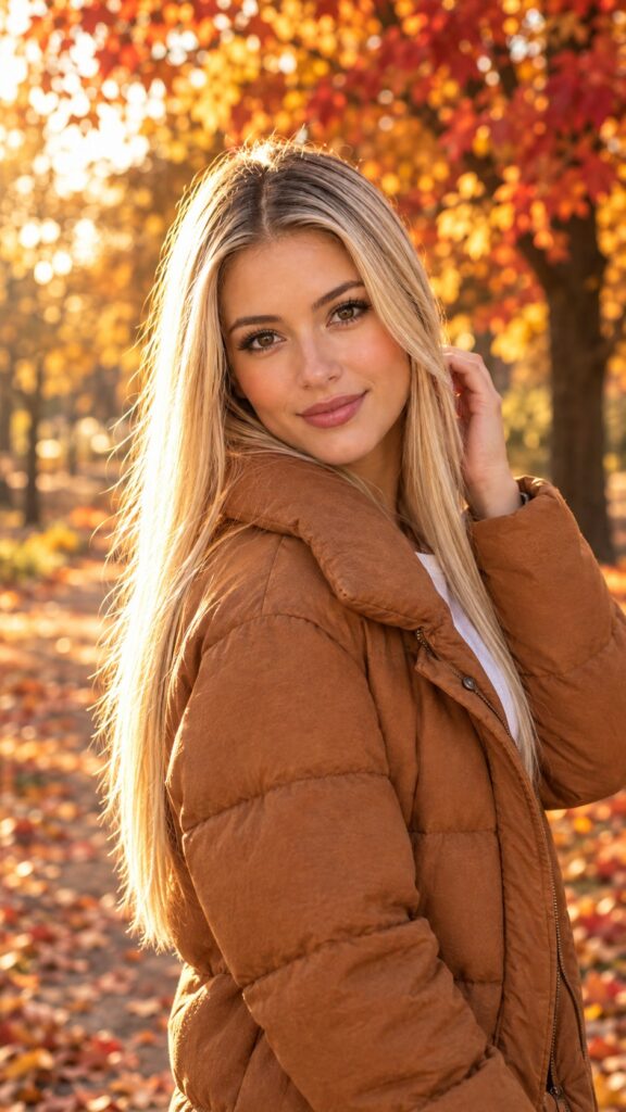 Photorealistic editorial autumn portrait, vertical 9:16. A young attractive woman with long, straight, sleek blonde hair, brown eyes, flawless smooth skin, tasteful natural makeup with defined mascara lashes, soft rosy lips. She wears a thick cozy autumn jacket (warm camel/cognac padded coat with a soft collar), open over a fine, delicate white T-shirt. Upper-body framing, gentle friendly expression looking at the camera. Background: a large tree with vibrant autumn foliage in orange, red and golden yellow, softly blurred with creamy bokeh, a few falling leaves. Warm golden-hour sunlight, soft rim light in her hair, shallow depth of field, 85mm lens look, high-end fashion photography, natural skin texture, rich warm color grading.