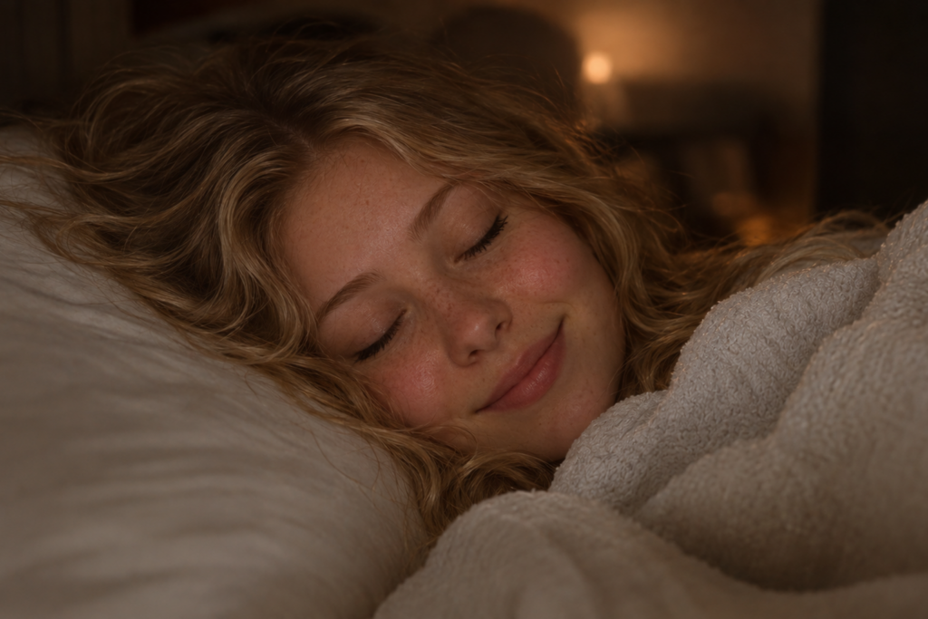 create me a photo in 16:9 from a cute young sleeping woman. Dimmed light.