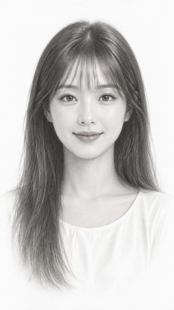 ((delicate pencil portrait)) of an elegant young adult Asian woman with long, straight hair and soft bangs, a beautiful natural face with gently rounded features, finely detailed expressive eyes, a peaceful expression with a subtle warm smile, looking softly toward the viewer, slight three-quarter view, head-and-shoulders composition, wearing a simple white silk blouse with a graceful neckline, soft diffused light, delicate graphite shading, fine flowing pencil strokes, subtle tonal transitions, realistic facial proportions, natural beauty, understated elegance, serene and tender atmosphere, airy composition, clean white paper background fading gently into the portrait, beautifully realistic hand-drawn aesthetic