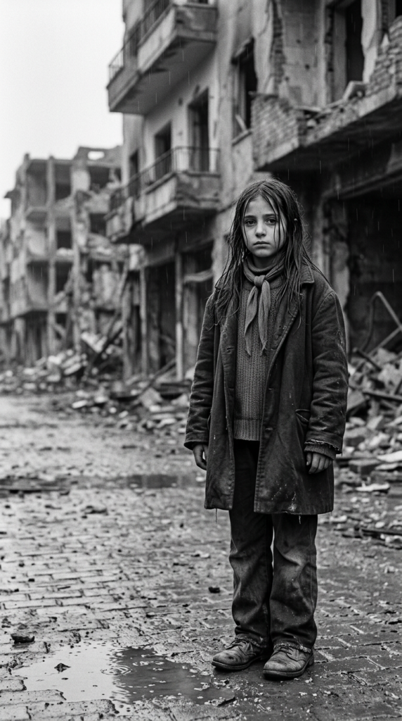 create me a photo in 9:16: a young girl stands in a city destroyed by war. She is poor and scantily dressed. She cries. She is alone. Her long straight hair is disheveled and dirty. She looks sadly into the camera. ((realistic, detailed photo))