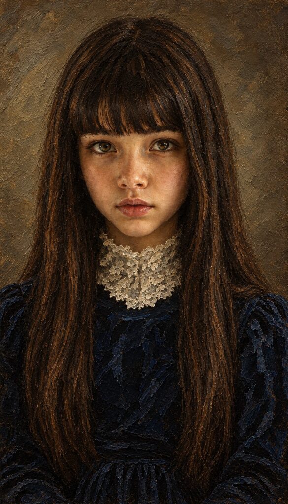Classical oil painting portrait, in the style of an old master: a young girl, roughly 12 years old, with a dark chin-length bob haircut and straight bangs, hazel eyes, calm serious gaze toward the viewer, slightly turned head. She is modestly and fullydressed in a high-necked dark blue velvet dress with a white lace collar and long sleeves, like a 19th century studio portrait. Visible thick oil paint texture, impasto brushstrokes, canvas grain, warm chiaroscuro lighting, soft muted neutral gray-brown background, museum painting look, fine art portrait.