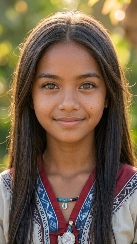 A close-up portrait of a young Southeast Asian girl with long dark hair, wearing a traditional embroidered shirt and a beaded necklace with a central shell pendant, standing in a sun-dappled jungle setting with soft backlighting.