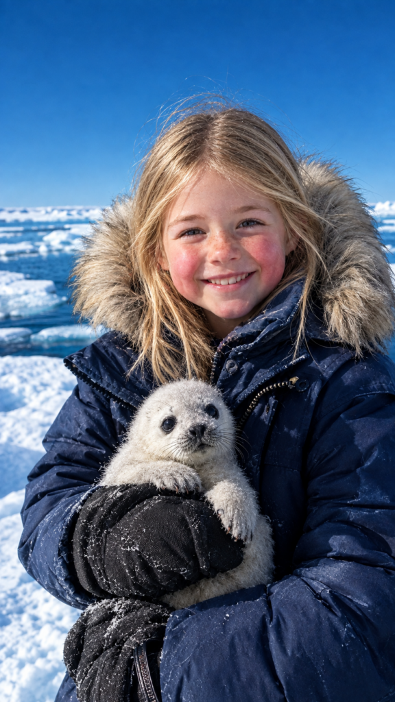 realistic Foto in 9:16 from a cute little girl with light brown hair, wearing a thick winter coat, is standing at the South Pole, holding a young seal in her arms. She smiles happily at the camera. The icy sea can be seen in the background. A clear, blue sky.