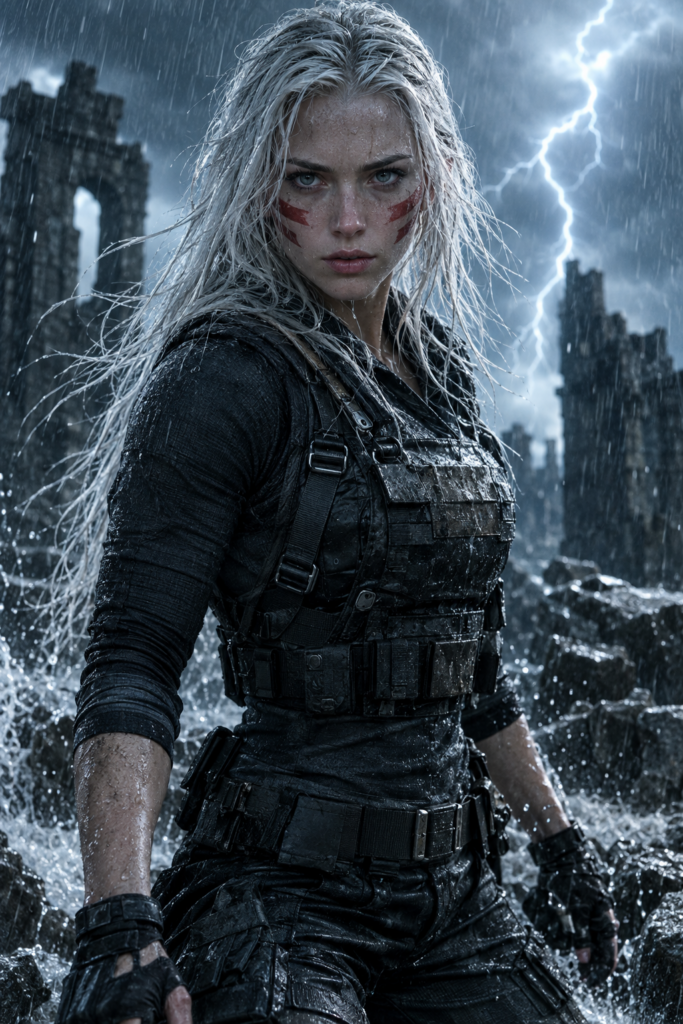 Photorealistic cinematic portrait of a young adult warrior woman in her mid-twenties, long straight white hair whipped by wind, large expressive pale eyes, bold red war paint striped across her cheeks, rain-soaked skin. She wears practical armored tactical gear: a reinforced dark vest over a fitted long-sleeve underlayer, utility belt, dark combat trousers and worn boots. Standing braced in a stormy landscape among shattered stone ruins, water splashing up from puddles around her feet, sheets of rain, dramatic high-contrast lighting with a flash of lightning raking across the ruins, cinematic haze, cold blue-grey palette with a warm accent from distant fire, shallow depth of field, shot on 85mm f/1.8, tense heroic atmosphere, ultra detailed, natural skin tones, high dynamic range, 9:16 portrait orientation