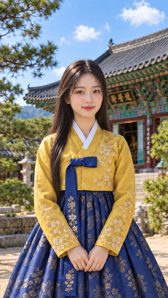Mach mir ein farbenfrohes, detailliertes Portrait in 9:16 von einer jungen Koreanerin im traditionellen Hanbok. Im Hintergrund ist ein typischer, koreanischer Tempel zu sehen. Der Himmel ist blau mit ein paar weissen Wolken. Das Bild wirkt friedlich.