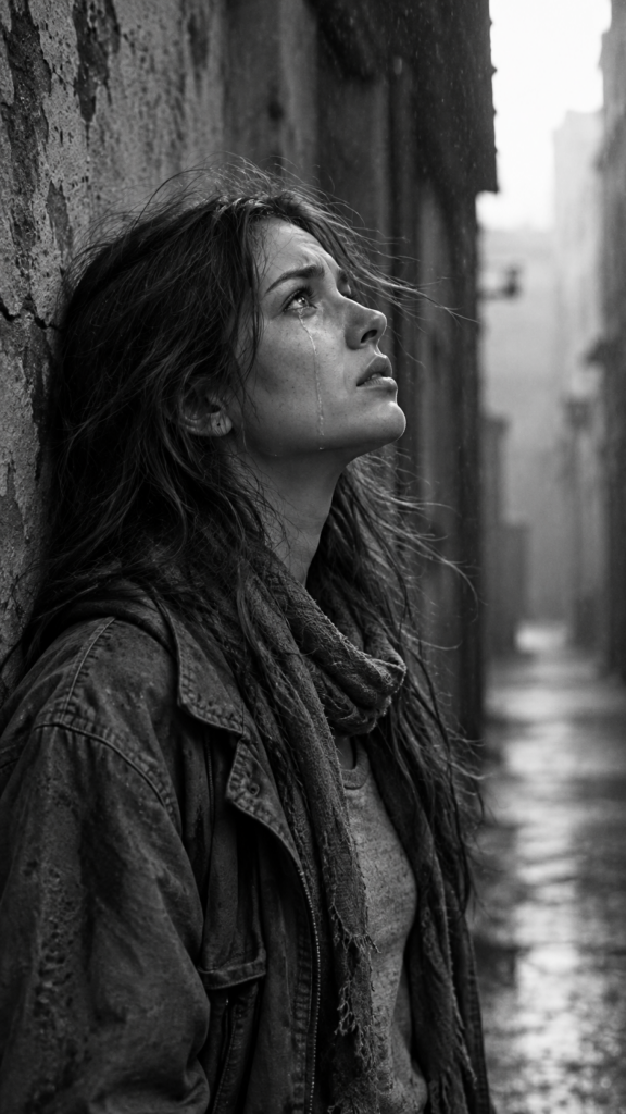 Create me a photo in 9:16: black and white detailed photo: a young girl. She is poor and scantily tattered dressed in a cropped tank top, deep v-neck, busty. ((She cries and thick tears roll down her cheeks)). She is alone. Her long straight slightly wavy hair is disheveled and dirty. She looks sadly up, side view.