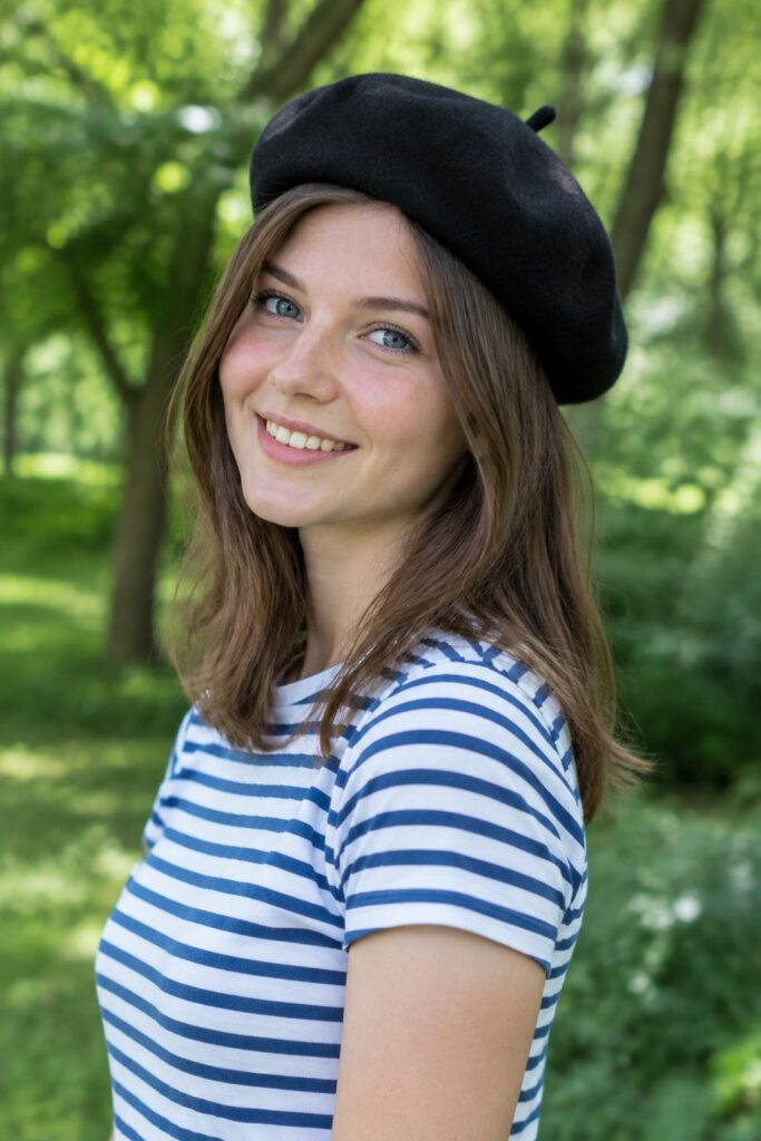 a realistic Foto from an attractive young French woman with long, soft straight brown hair down to her shoulders. She is wearing only a simple blue and white horizontally striped T-shirt and a black beret. She has soft blue eyes and a flawless, round face. Joy. She is standing in a green park with lots of trees.