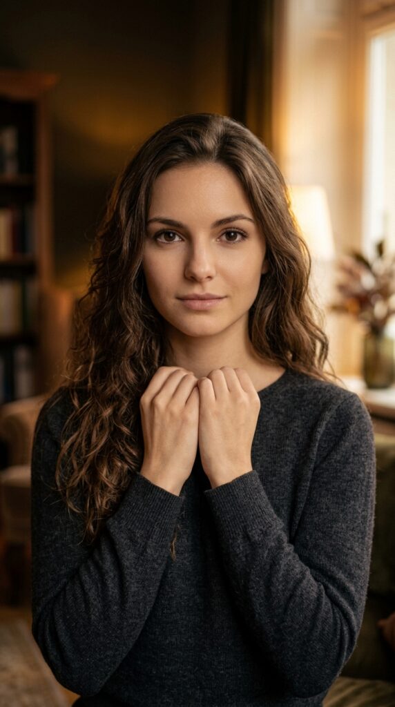 Mach mir ein wunderschönes sinnliches Portrait von einer jungen Frau. Sie hat braunes, langes Haar und schöne grosse dunkle Augen. Ihre Haut ist makellos und sie trägt einen dunklen feinen Wollpullover. Der Hintergrund ist in weichem, sinnlichen Licht. Das Bild ist in 9:16.