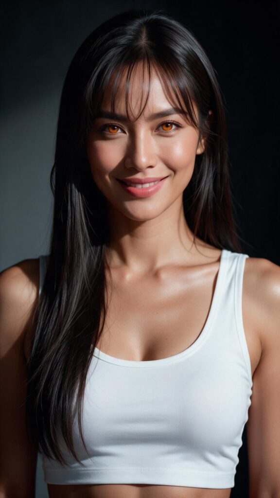 Ultra-realistic vertical 9:16 editorial fashion portrait photograph of an adult woman, age 20+, upper-body framing, elegant side-profile pose with her face gently turned toward the camera, warm inviting smile, softly tinted pink lips, luminous amber-brown eyes, Korean-inspired wispy bangs, meticulously detailed long straight dark hair, fitted white cropped tank top. Beautiful natural curved silhouette, tasteful and non-sexualized styling. Rich yet natural color saturation, cinematic deep shadows, shallow depth of field, premium fashion-photography lighting, realistic skin texture, refined composition, ultra-high-resolution aesthetic, uncluttered dark softly blurred background.