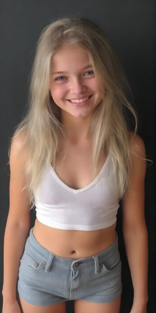 a (((16-year-old happy and smiling blonde girl))), with long, flowing soft hair and a petite, yet athletic figure, dressed in a (((short, dress))), paired with a classic white cropped tank top with deep v-neck and denim shorts, all against a black backdrop