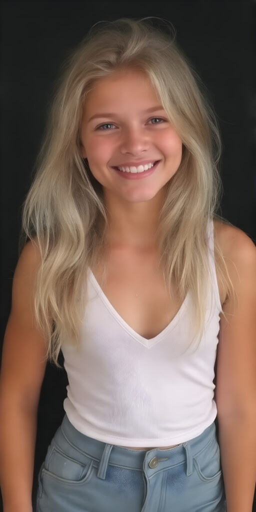 a (((16-year-old happy and smiling blonde girl))), with long, flowing soft hair and a petite, yet athletic figure, dressed in a (((short, dress))), paired with a classic white cropped tank top with deep v-neck and denim shorts, all against a black backdrop