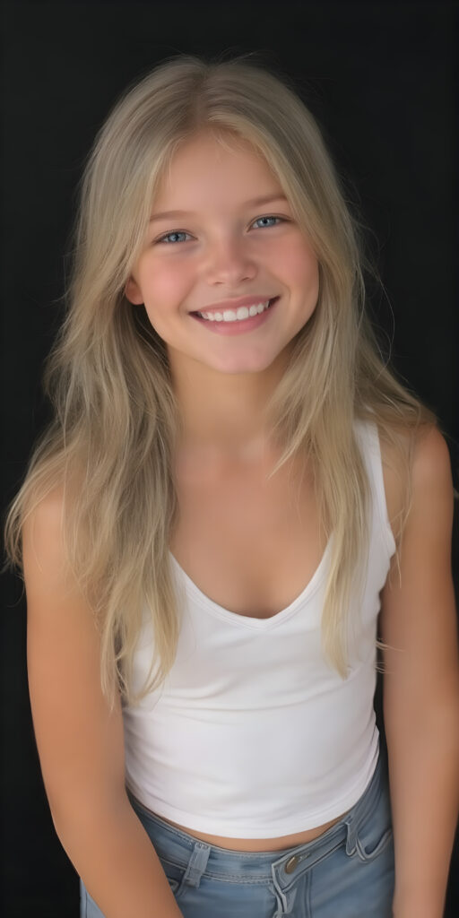 a (((16-year-old happy and smiling blonde girl))), with long, flowing soft hair and a petite, yet athletic figure, dressed in a (((short, dress))), paired with a classic white cropped tank top with deep v-neck and denim shorts, all against a black backdrop