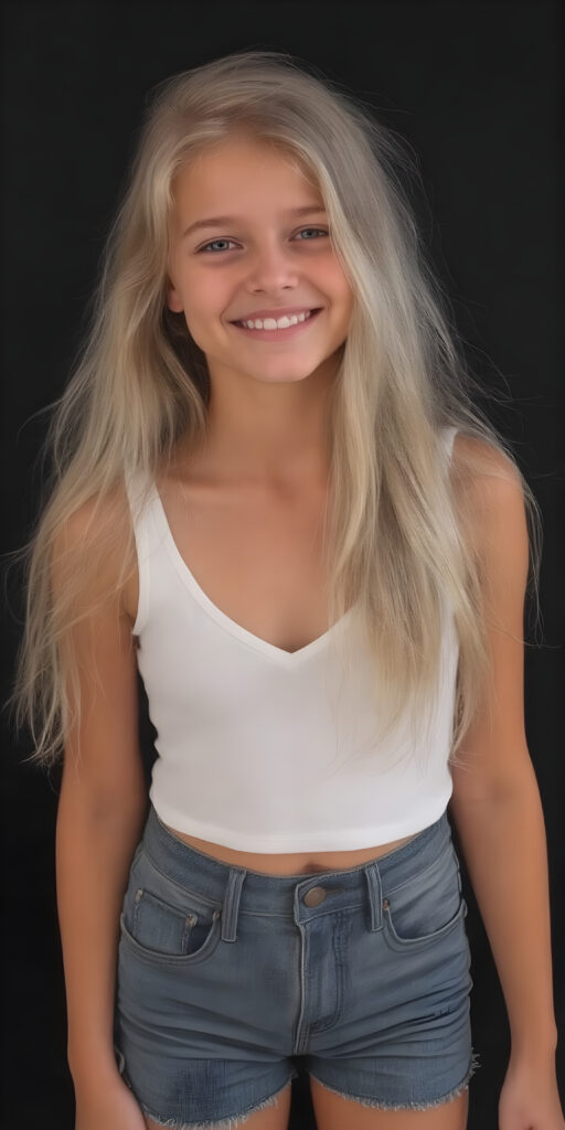 a (((16-year-old happy and smiling blonde girl))), with long, flowing soft hair and a petite, yet athletic figure, dressed in a (((short, dress))), paired with a classic white cropped tank top with deep v-neck and denim shorts, all against a black backdrop