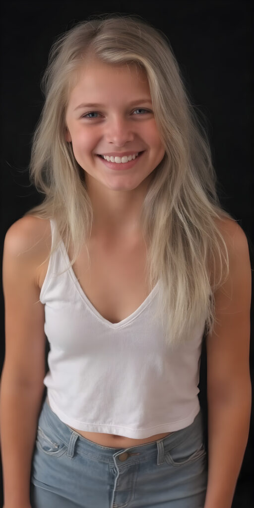 a (((16-year-old happy and smiling blonde girl))), with long, flowing soft hair and a petite, yet athletic figure, dressed in a (((short, dress))), paired with a classic white cropped tank top with deep v-neck and denim shorts, all against a black backdrop