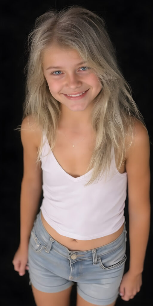 a (((16-year-old happy and smiling blonde girl))), with long, flowing soft hair and a petite, yet athletic figure, dressed in a (((short, dress))), paired with a classic white cropped tank top with deep v-neck and denim shorts, all against a black backdrop