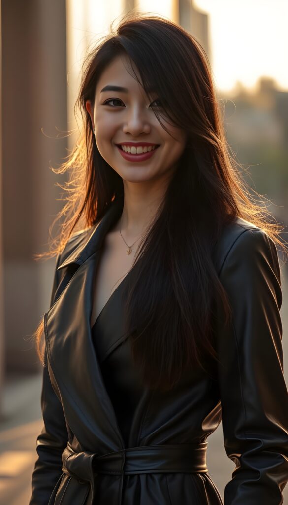 a 20-something woman with long, flowing dark hair, exuding confidence and elegance. She's elegantly dressed in a sleek, black leather trench coat that accentuates her feminine figure. Her delicate East Asian features are beautifully highlighted by the warm, golden lighting, casting a soft glow on her joyful smile.