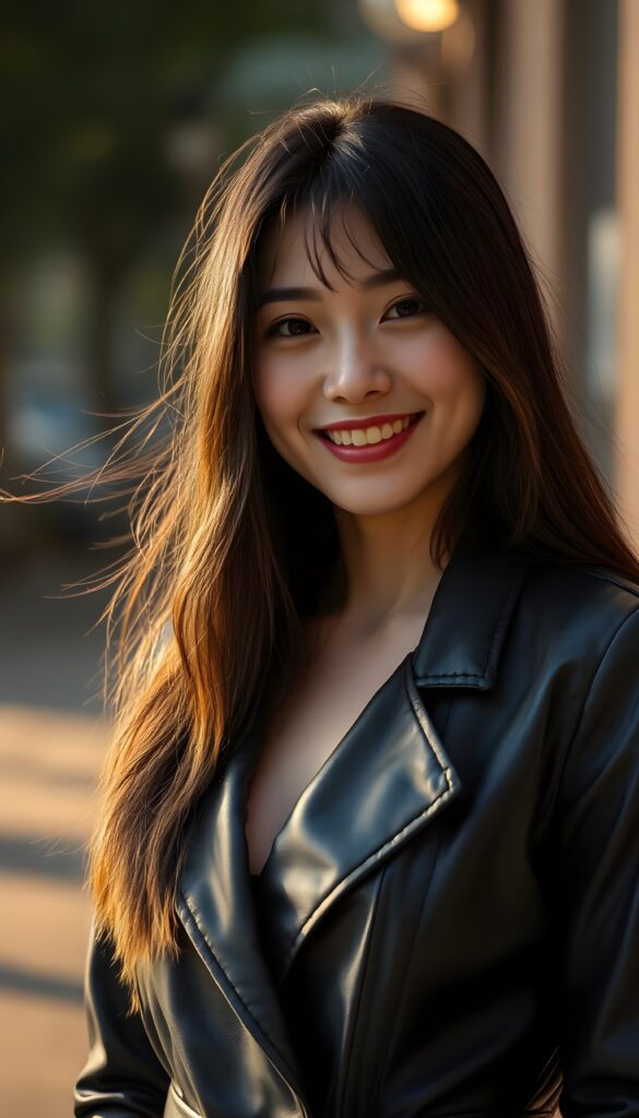 a 20-something woman with long, flowing dark hair, exuding confidence and elegance. She's elegantly dressed in a sleek, black leather trench coat that accentuates her feminine figure. Her delicate East Asian features are beautifully highlighted by the warm, golden lighting, casting a soft glow on her joyful smile.