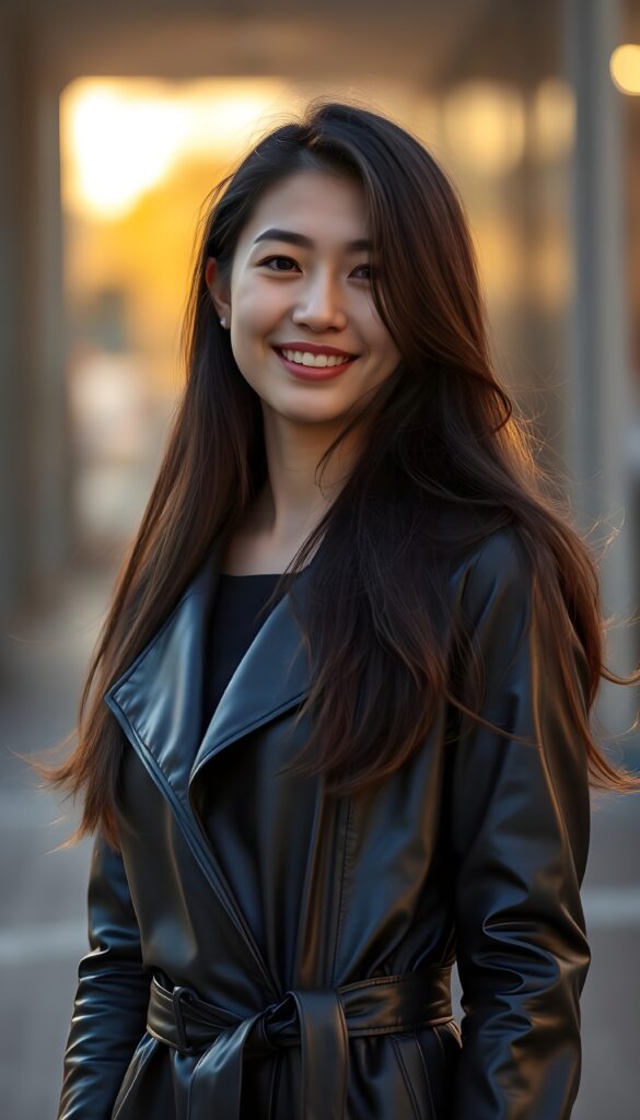 a 20-something woman with long, flowing dark hair, exuding confidence and elegance. She's elegantly dressed in a sleek, black leather trench coat that accentuates her feminine figure. Her delicate East Asian features are beautifully highlighted by the warm, golden lighting, casting a soft glow on her joyful smile.